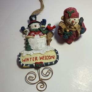 Winter Welcome Snowman Ornament and small snowman with a shovel